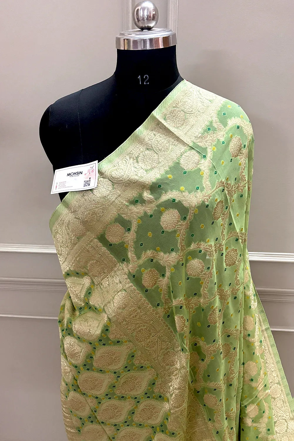 Pista Bandhej Georgette Silk Banarasi Saree