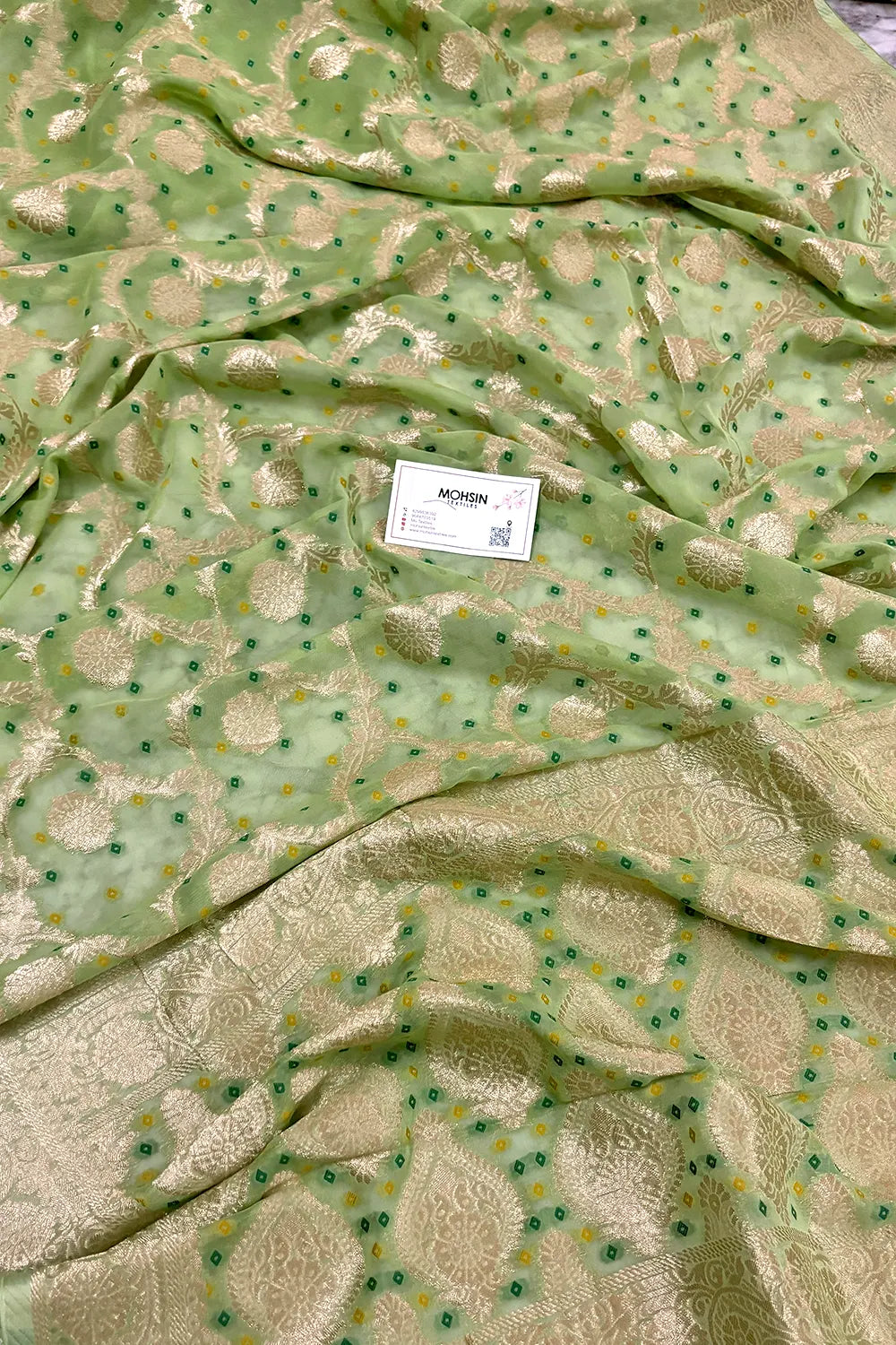 Pista Bandhej Georgette Silk Banarasi Saree