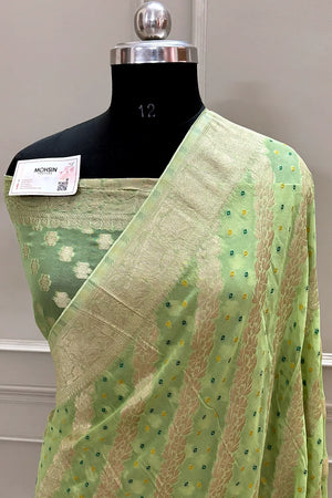 Pista Bandhej Georgette Silk Banarasi Saree