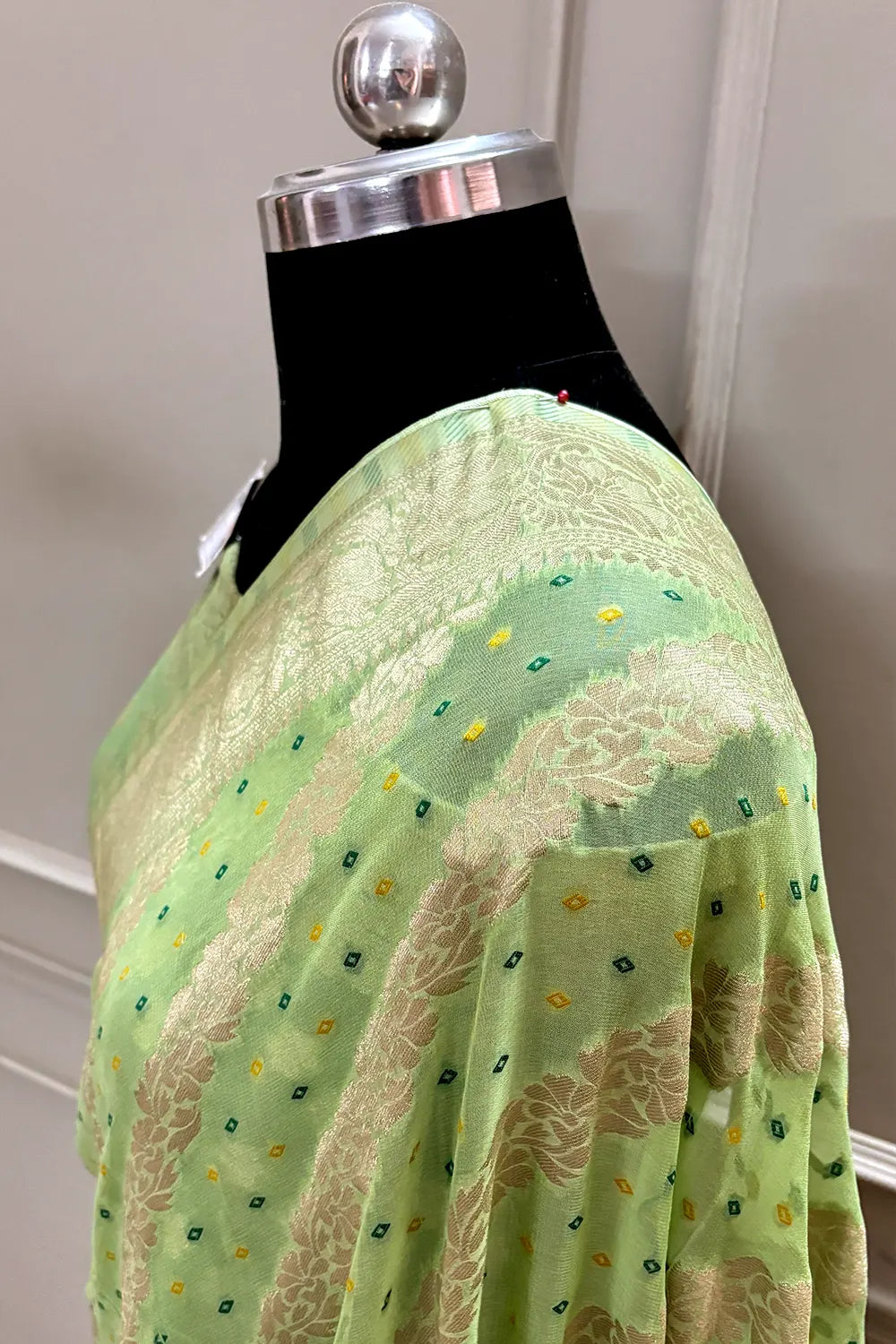 Pista Bandhej Georgette Silk Banarasi Saree