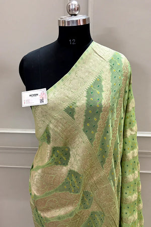 Pista Bandhej Georgette Silk Banarasi Saree