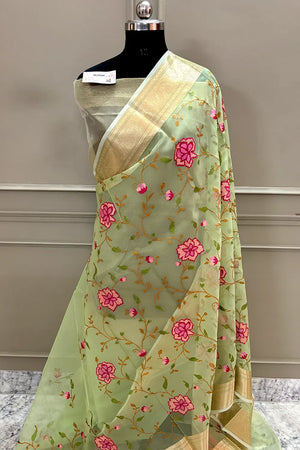 Pista Embroidery Net Banarasi Saree