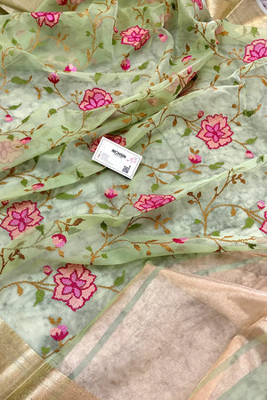 Pista Embroidery Net Banarasi Saree