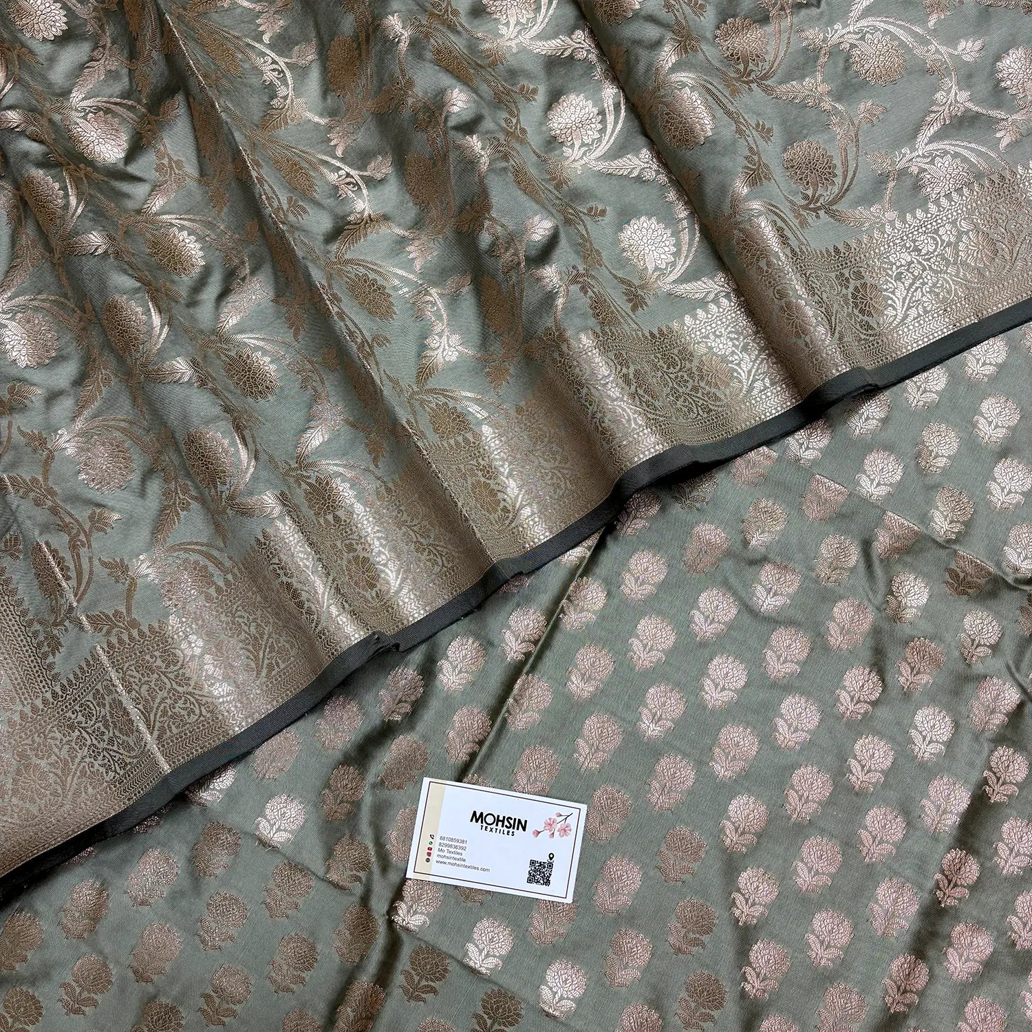 Pista Grey Sunflower Semi Katan Silk Banarasi Suit