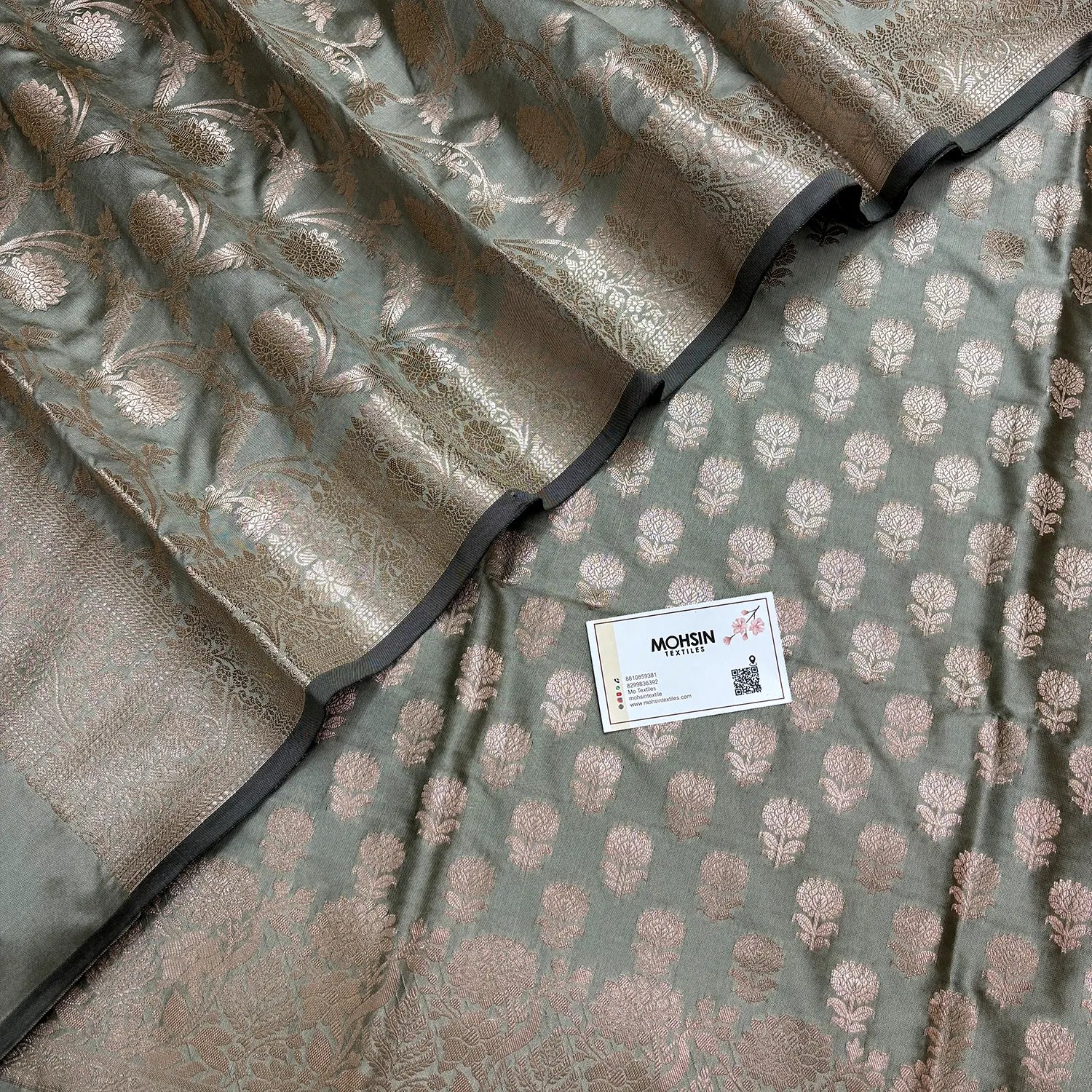 Pista Grey Sunflower Semi Katan Silk Banarasi Suit