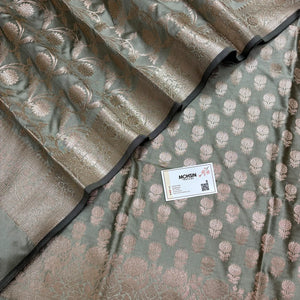 Pista Grey Sunflower Semi Katan Silk Banarasi Suit