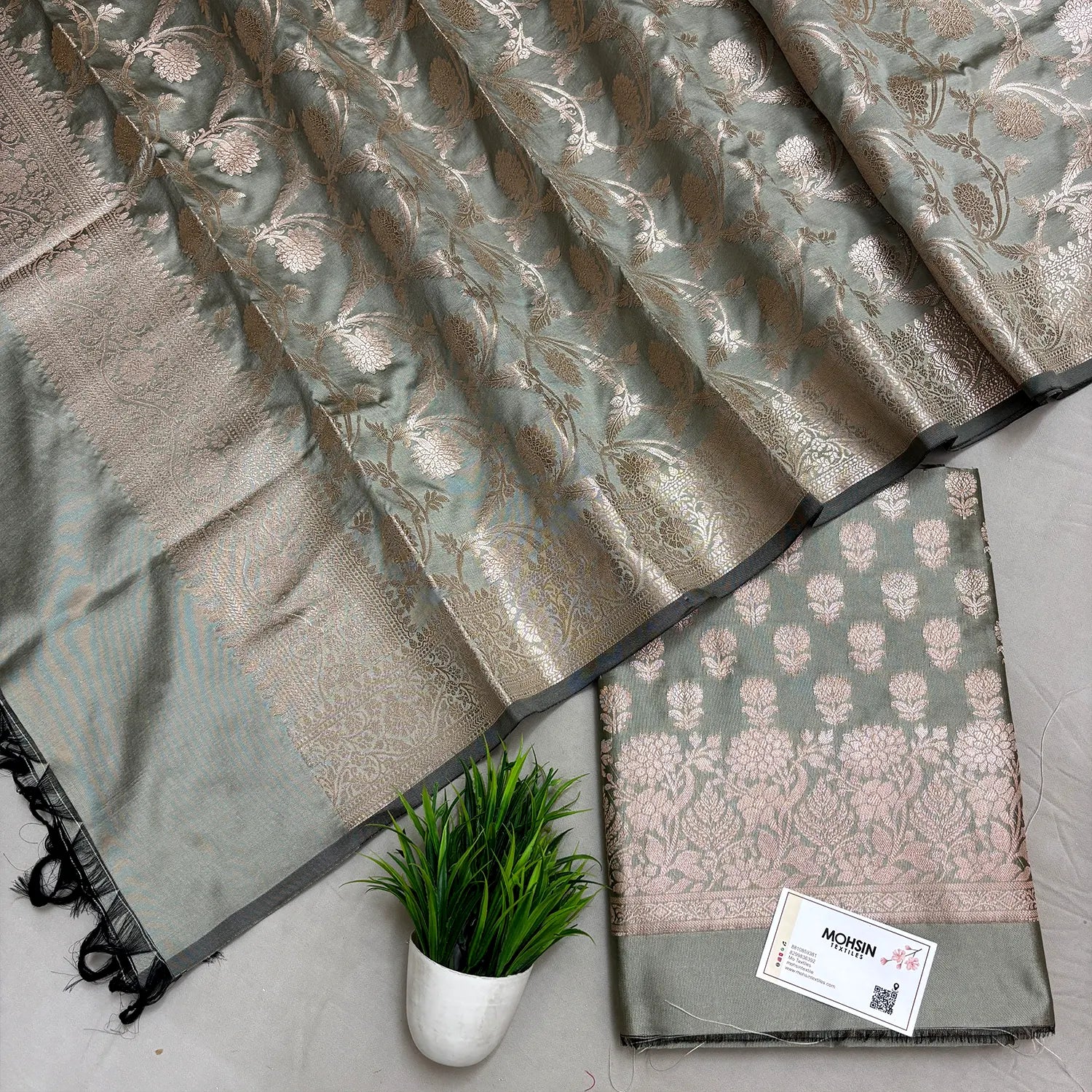 Pista Grey Sunflower Semi Katan Silk Banarasi Suit