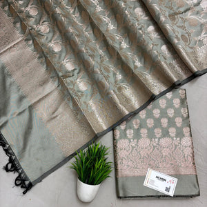 Pista Grey Sunflower Semi Katan Silk Banarasi Suit