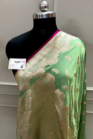 Pista Kanak Buti Katan Mashru Silk Banarasi Saree