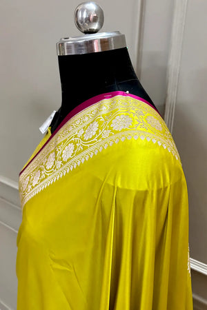 Pista Plain Zari Border Katan Silk Banarasi Saree