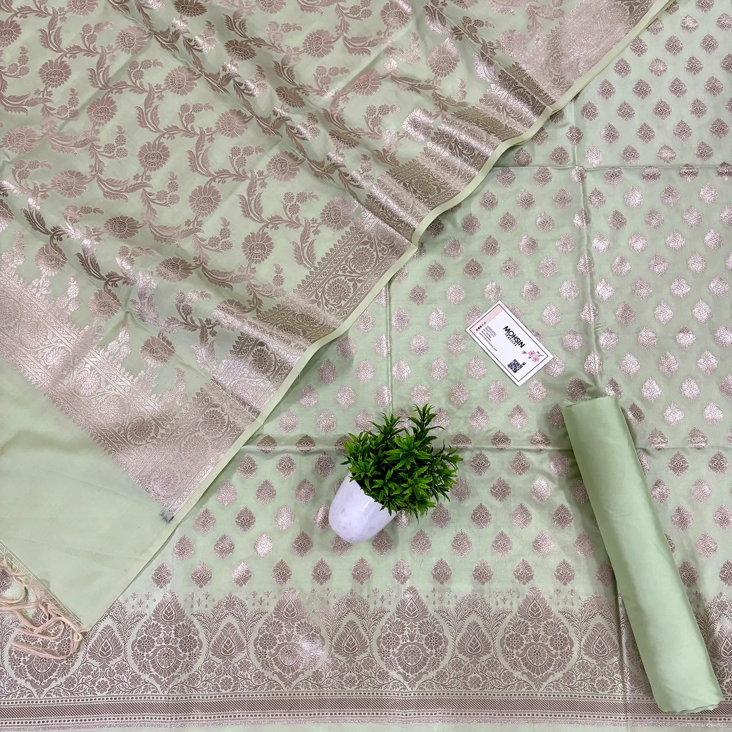 Pista Singhasan Buti Satin Silk Banarasi Suit