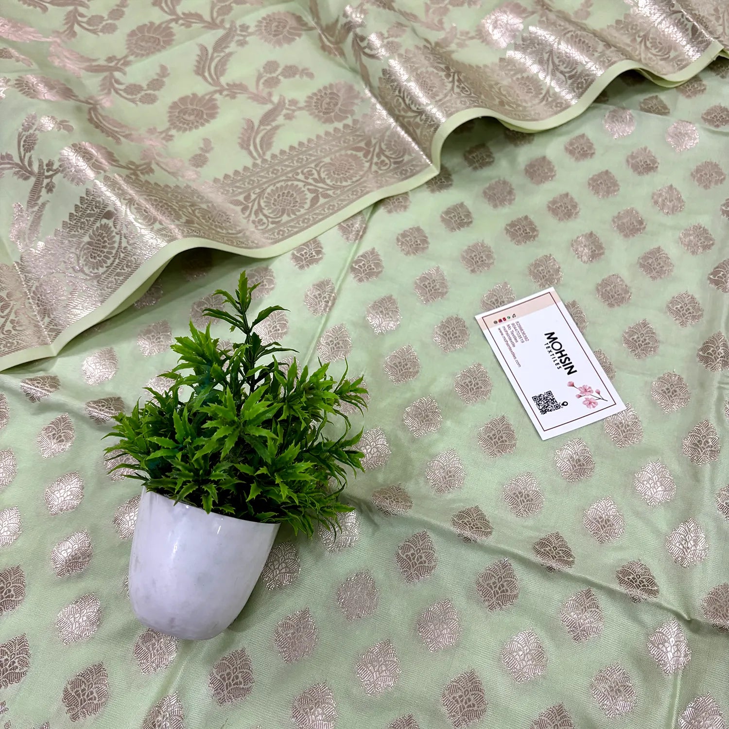 Pista Singhasan Buti Satin Silk Banarasi Suit