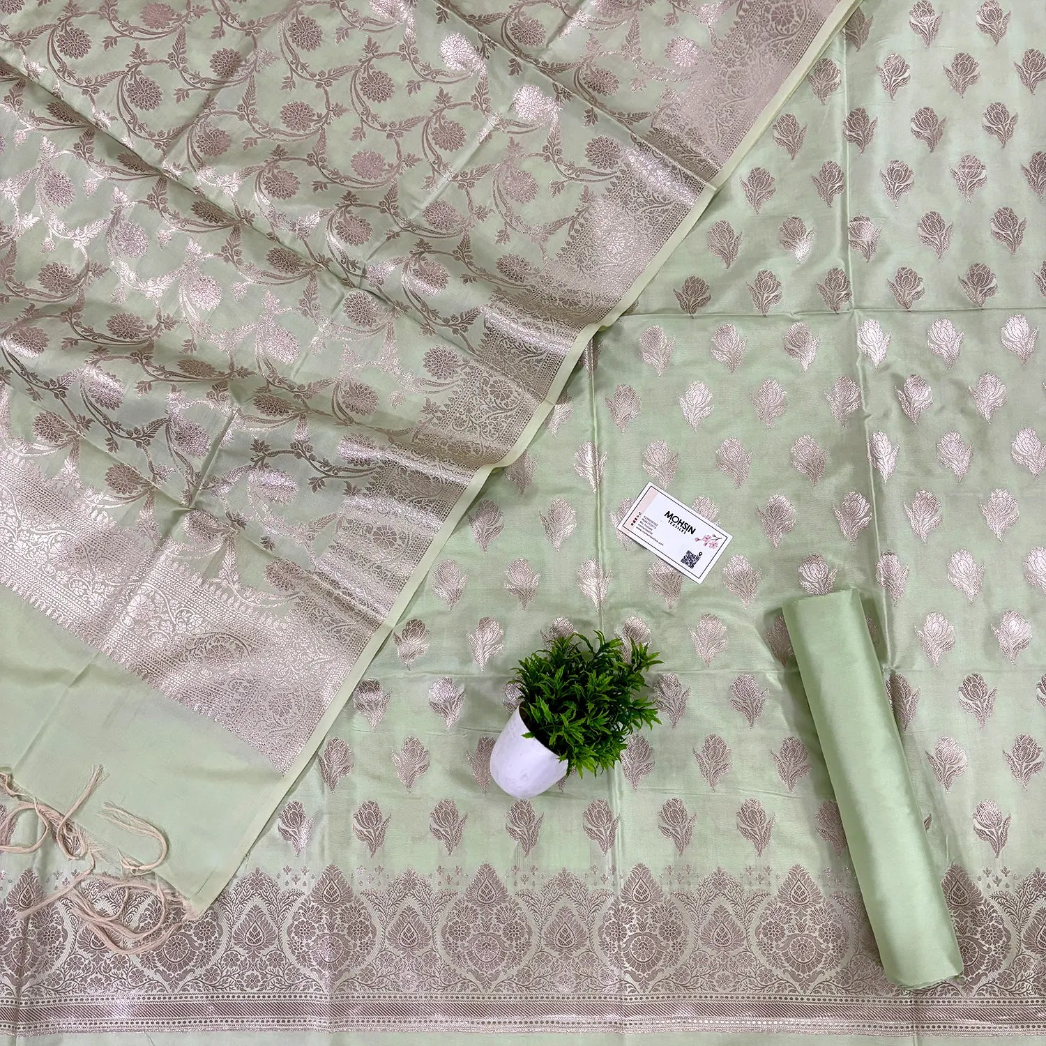 Pista Singhasan Vilas Satin Silk Banarasi Suit
