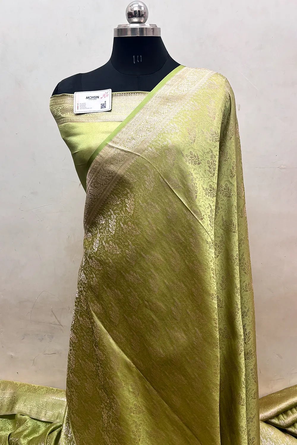 Pista Zari Katan Jamdani Silk Banarasi Saree