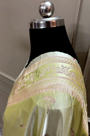 Pista Zari Katan Mashru Silk Banarasi Saree