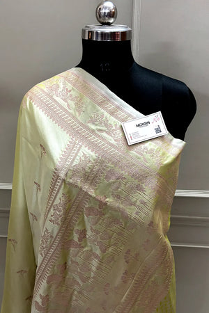 Pista Zari Katan Mashru Silk Banarasi Saree