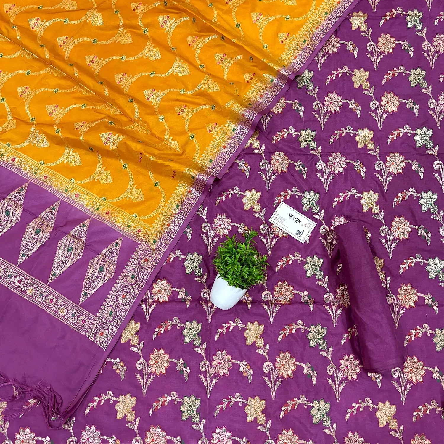 Plum Purple and Yellow Zari Katan Silk Banarasi Suit