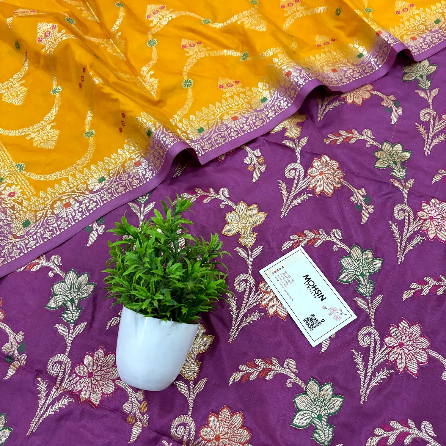 Plum Purple and Yellow Zari Katan Silk Banarasi Suit