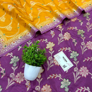Plum Purple and Yellow Zari Katan Silk Banarasi Suit