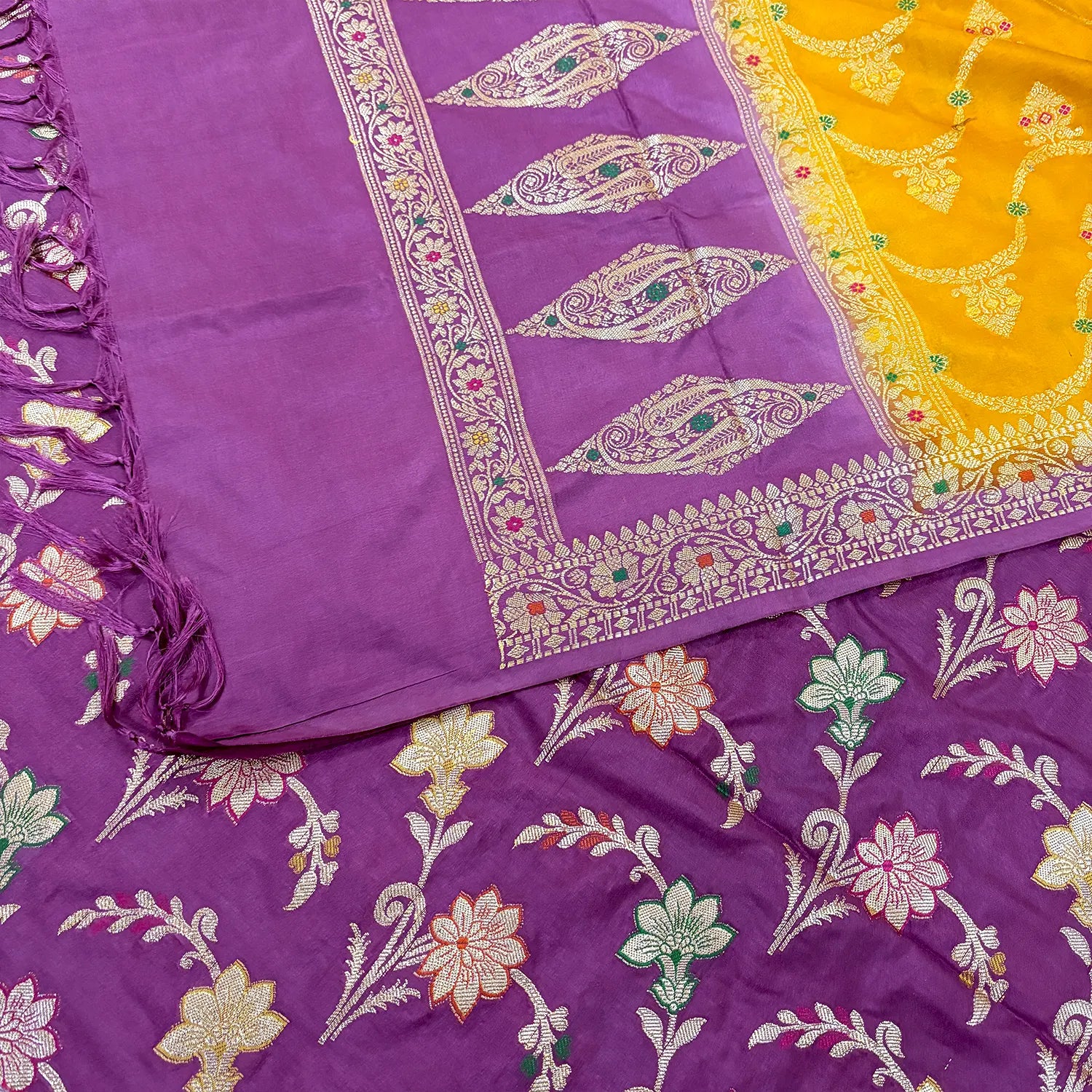 Plum Purple and Yellow Zari Katan Silk Banarasi Suit