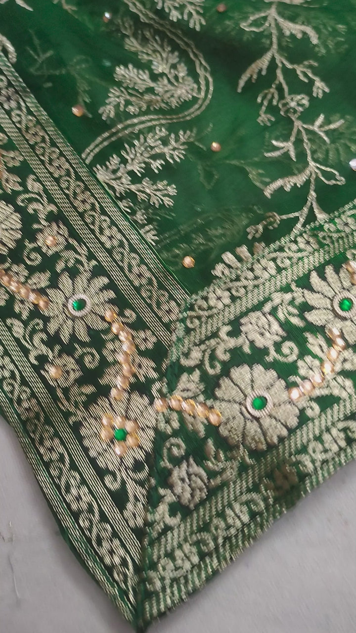 Dark Green Dhoop Chaon Stone Work Kimkhab Silk Banarasi Gharara