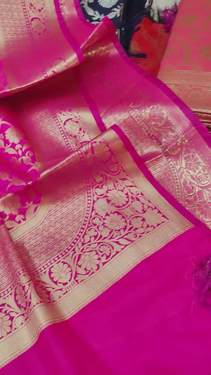 Pink Handloom Pure Katan Silk Banarasi Dupatta