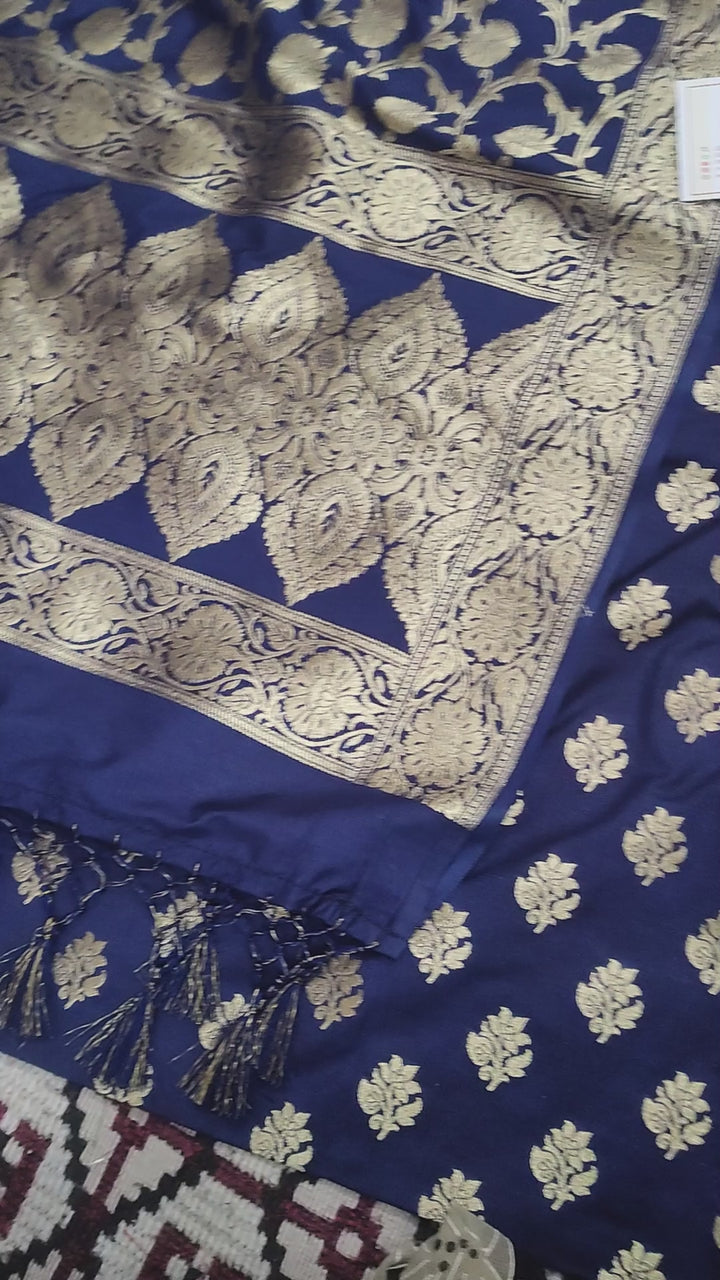 Navy Blue Golden Zari Katan Silk Banarasi Suit