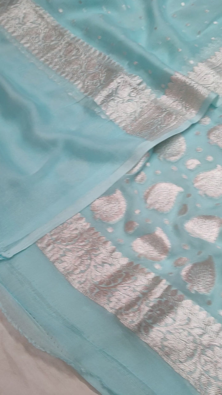 Light Firozi Handloom Khaddi Georgette Banarasi Suit