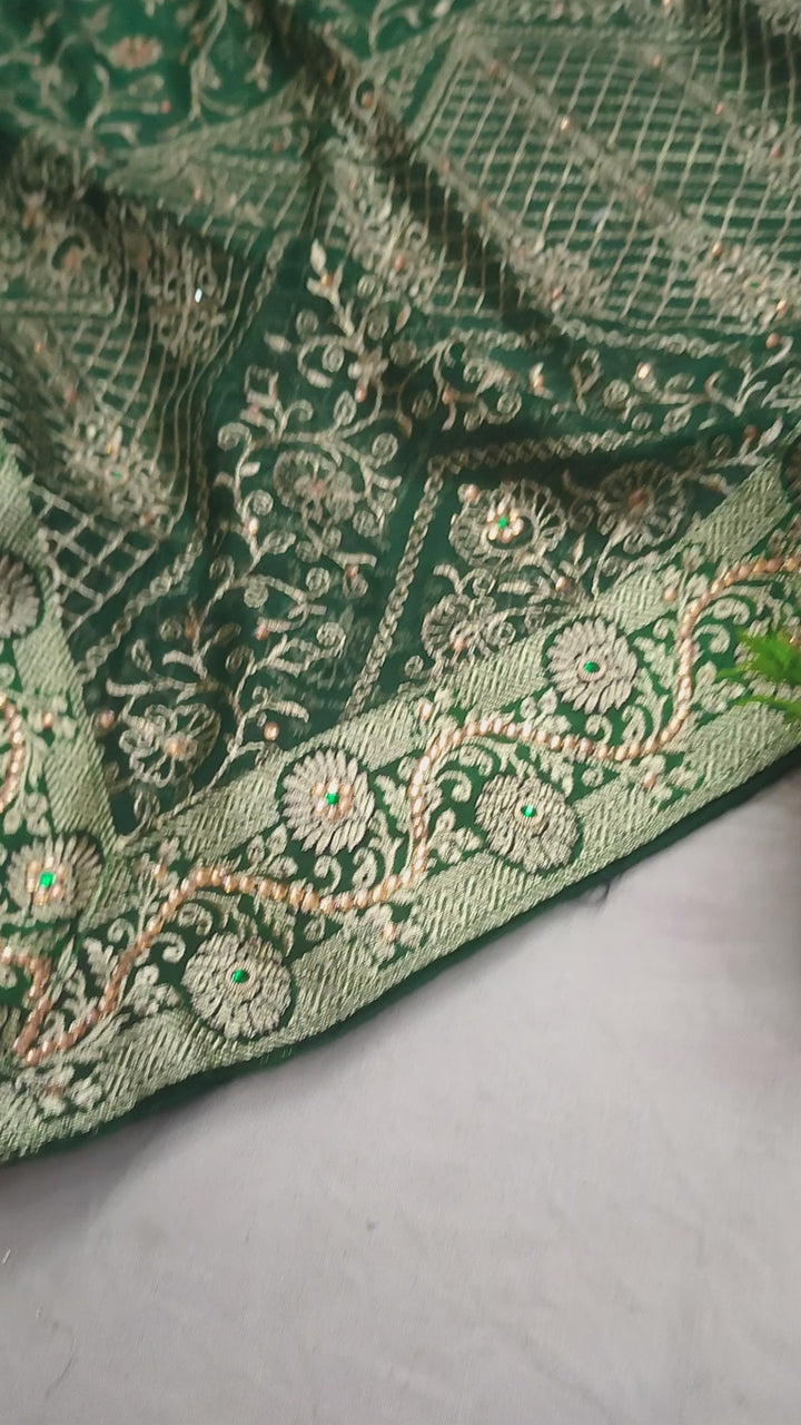 Dark Green Stone Work Kimkhab Silk Banarasi Gharara