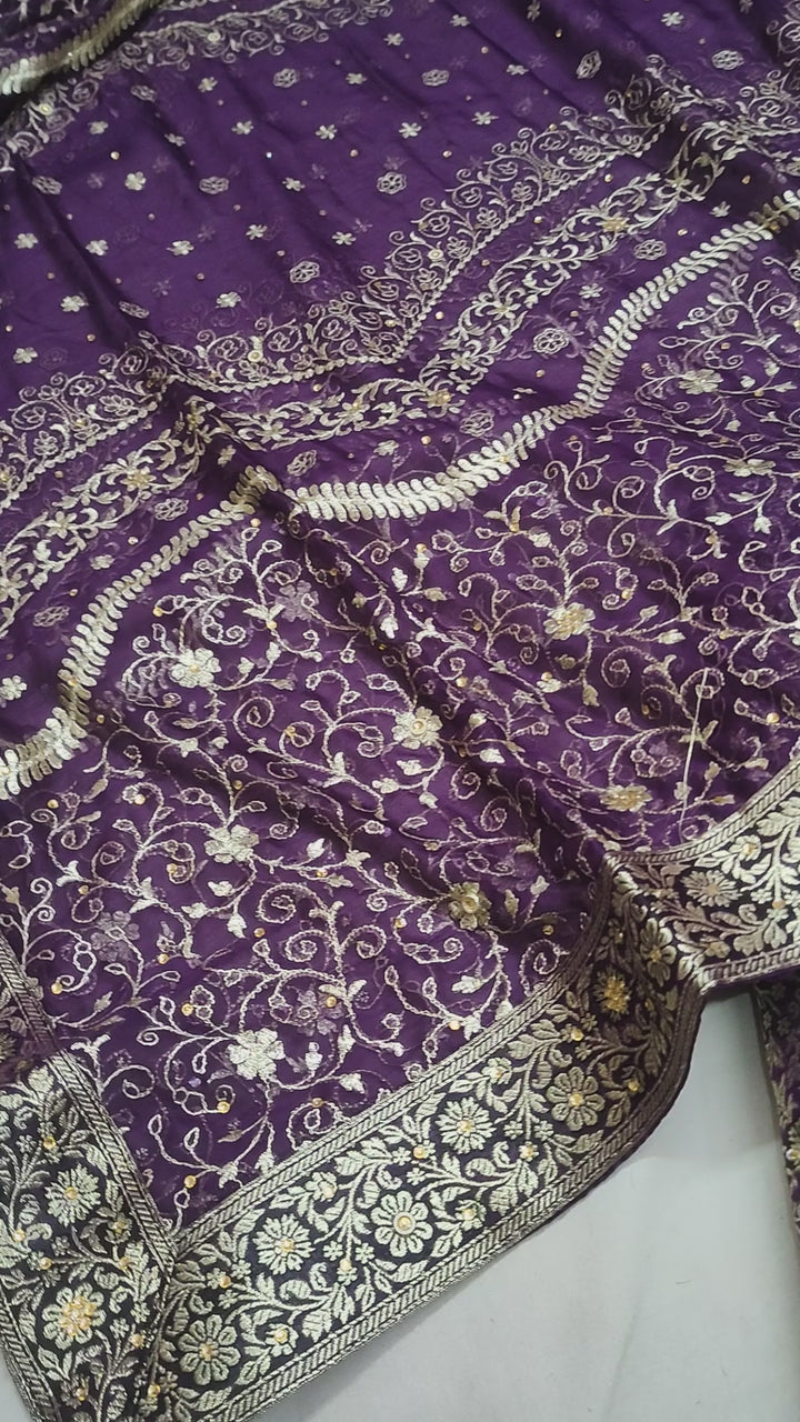 Purple Stone Work Kimkhab Silk Banarasi Gharara