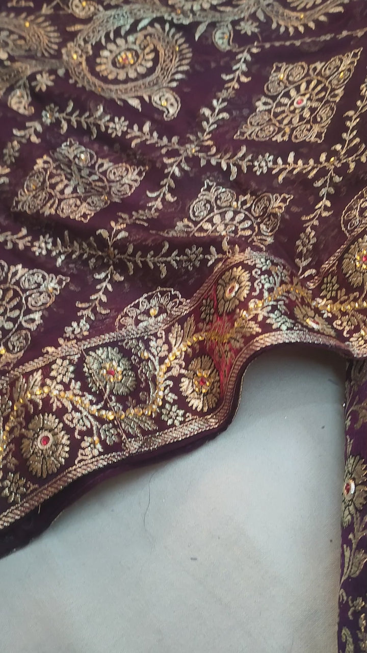 Purple Stone Work Kimkhab Silk Banarasi Gharara