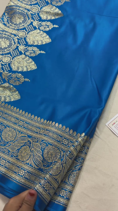 Royal Blue Plain Golden Zari Katan Silk Banarasi Saree