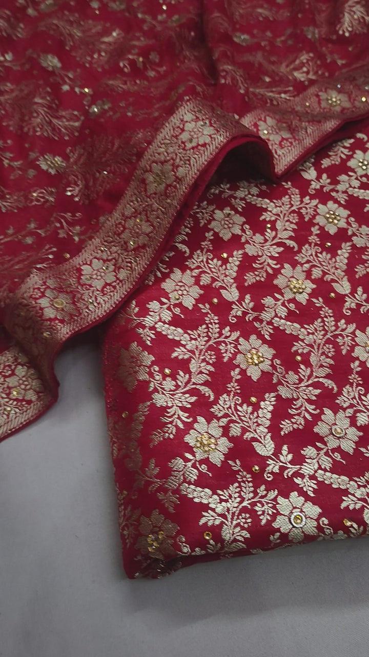 Red Bridal Stone Work Kimkhab Silk Banarasi Gharara