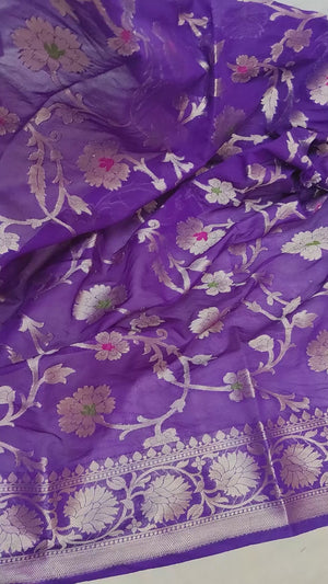Purple Golden Zari Georgette Silk Banarasi Saree