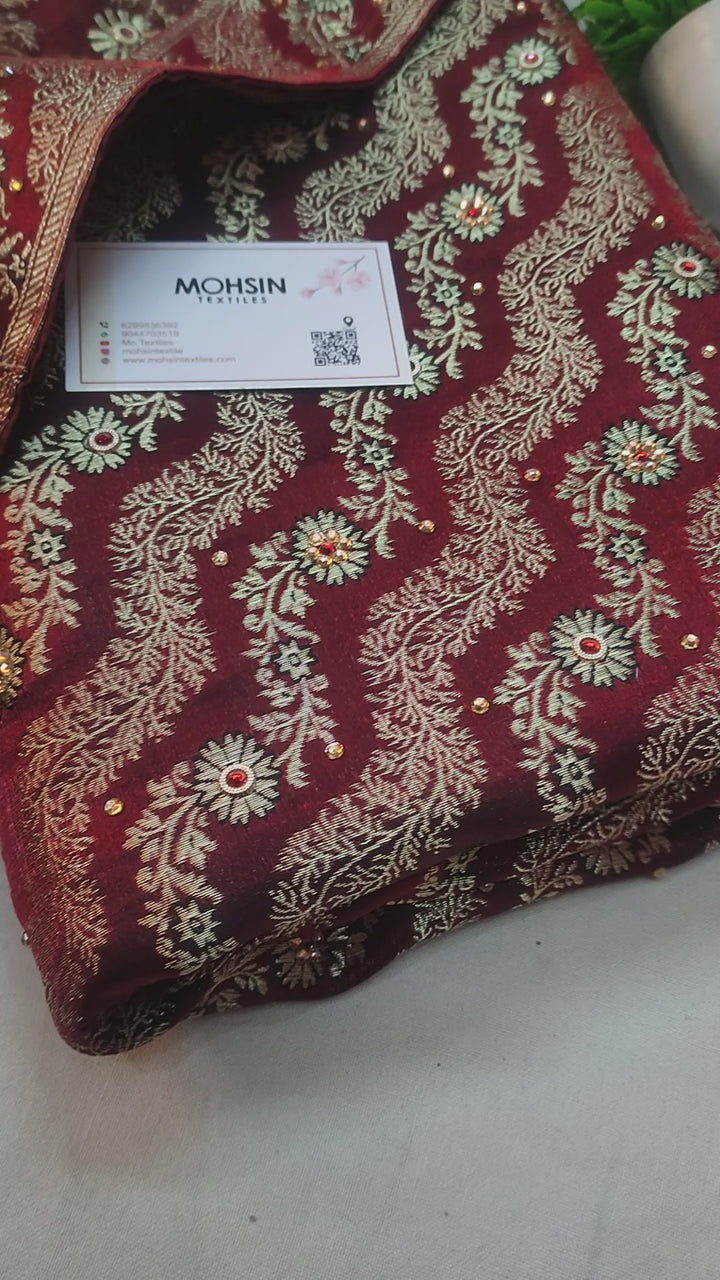 Dark Maroon Leheriya Stone Kimkhab Silk Banarasi Gharara