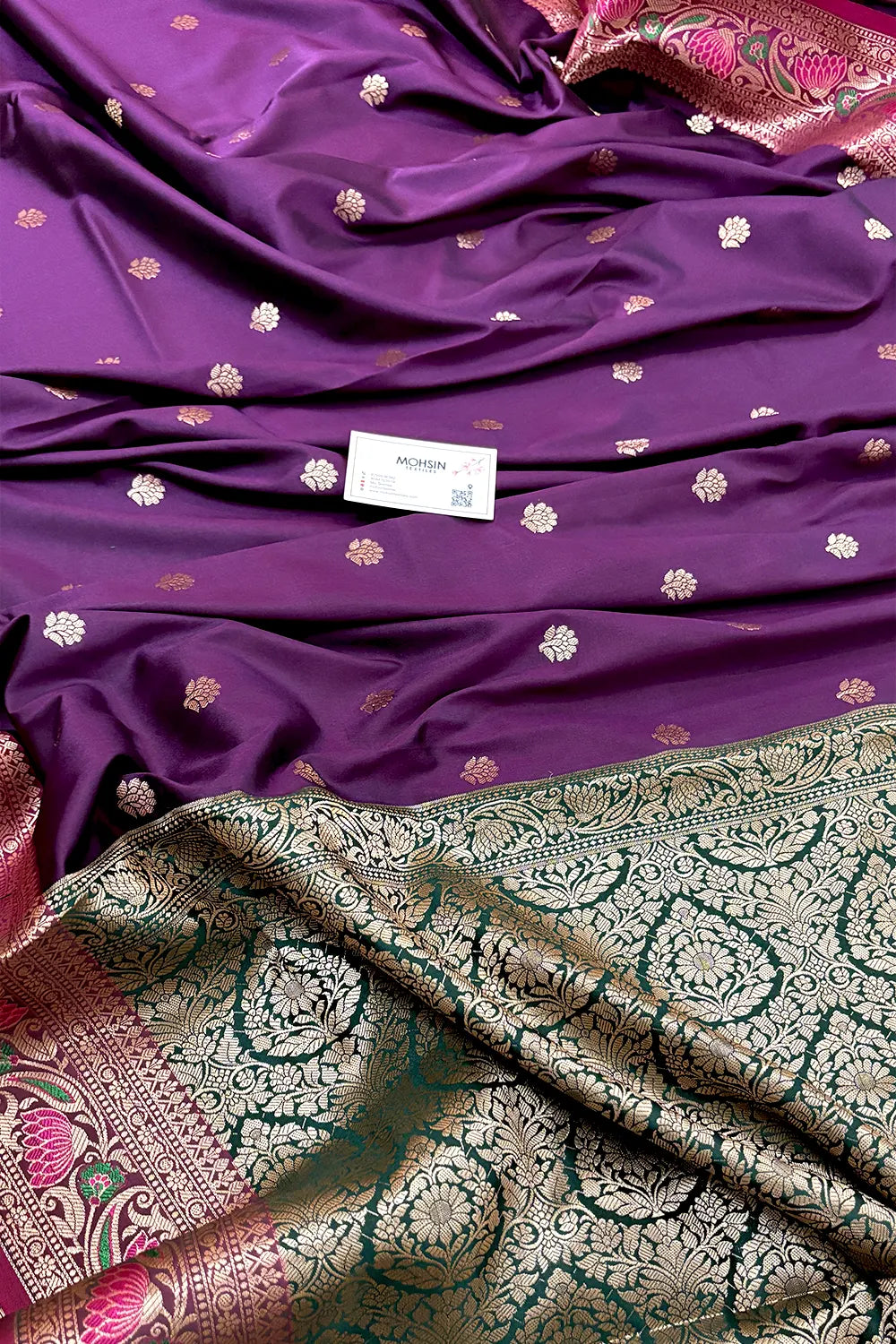 Purple and Bottle Green Buti Banarasi Silk Saree