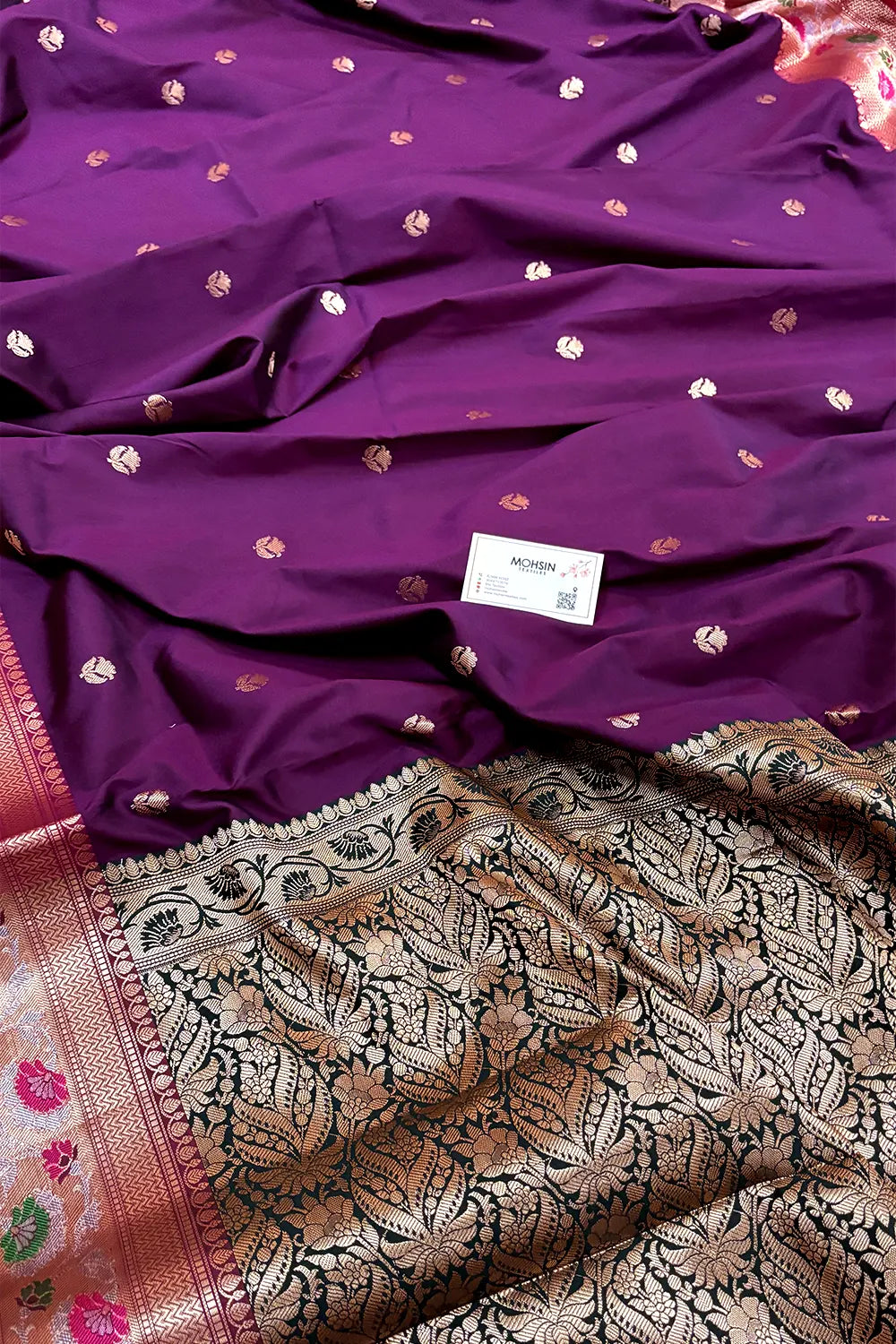 Purple and Bottle Green Buti Banarasi Silk Saree