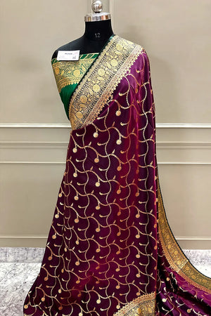 Purple and Bottle Green Zari Katan Silk Banarasi Saree