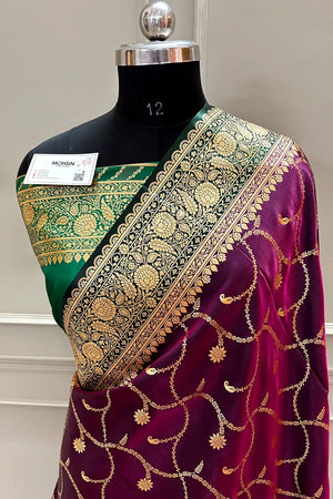 Purple and Bottle Green Zari Katan Silk Banarasi Saree