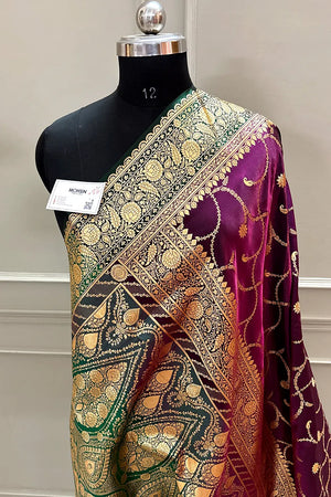 Purple and Bottle Green Zari Katan Silk Banarasi Saree