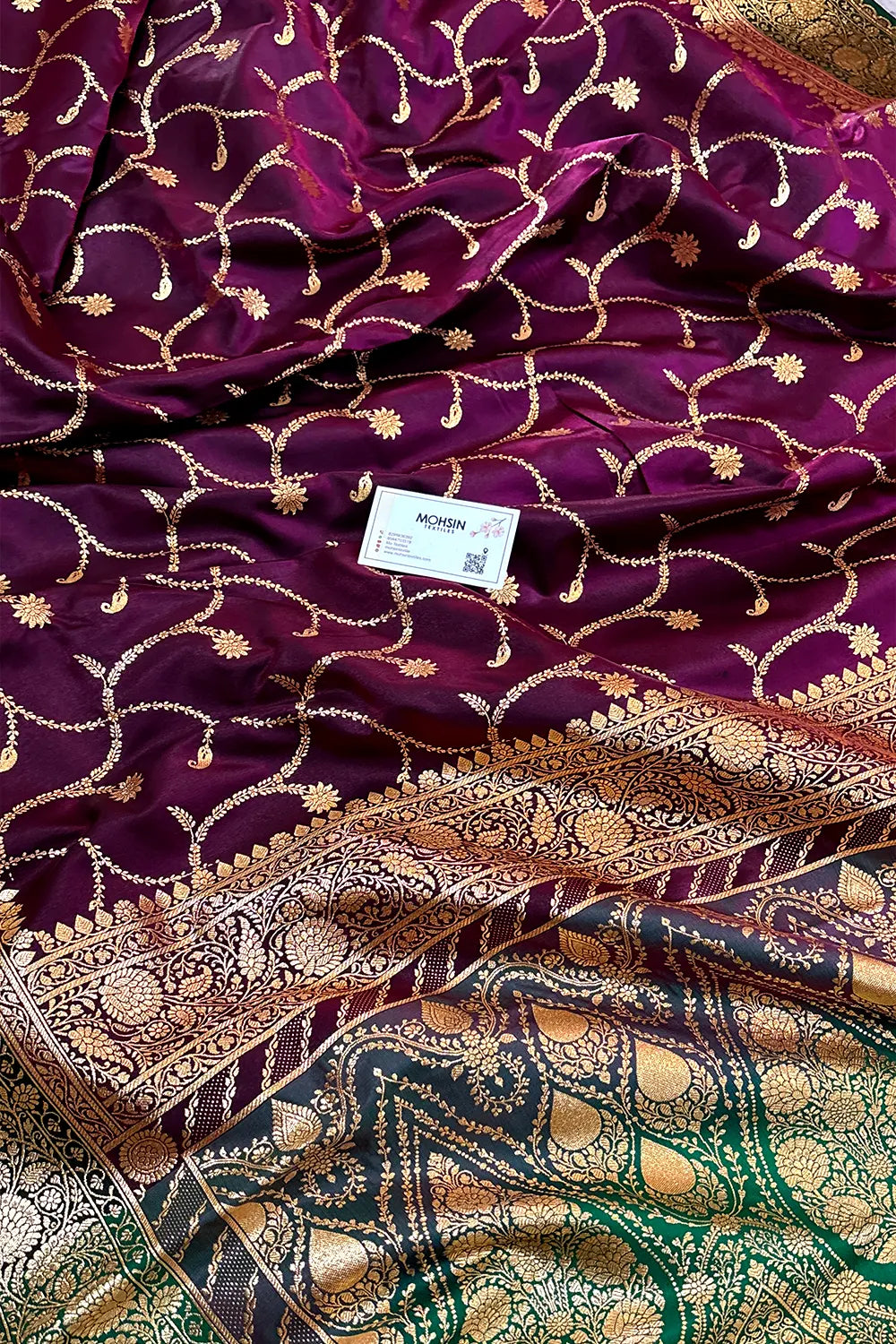 Purple and Bottle Green Zari Katan Silk Banarasi Saree