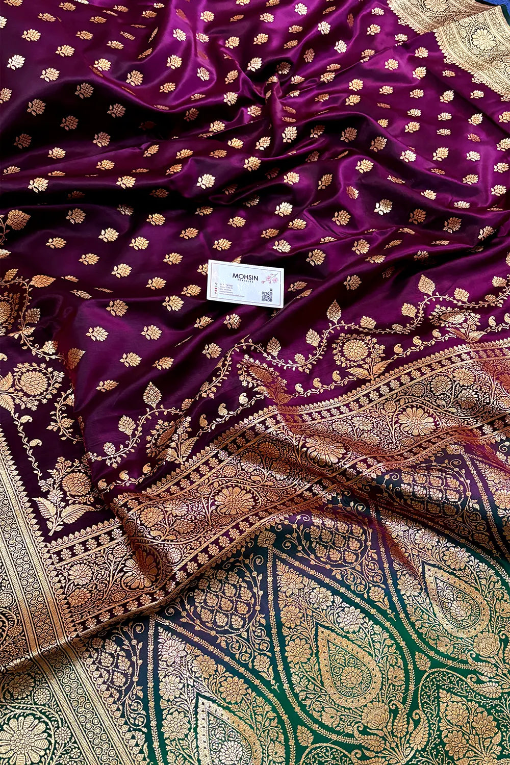 Purple and Bottle Green Zari Katan Silk Banarasi Saree
