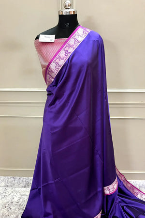 Purple and Pink Plain Banarasi Silk Saree