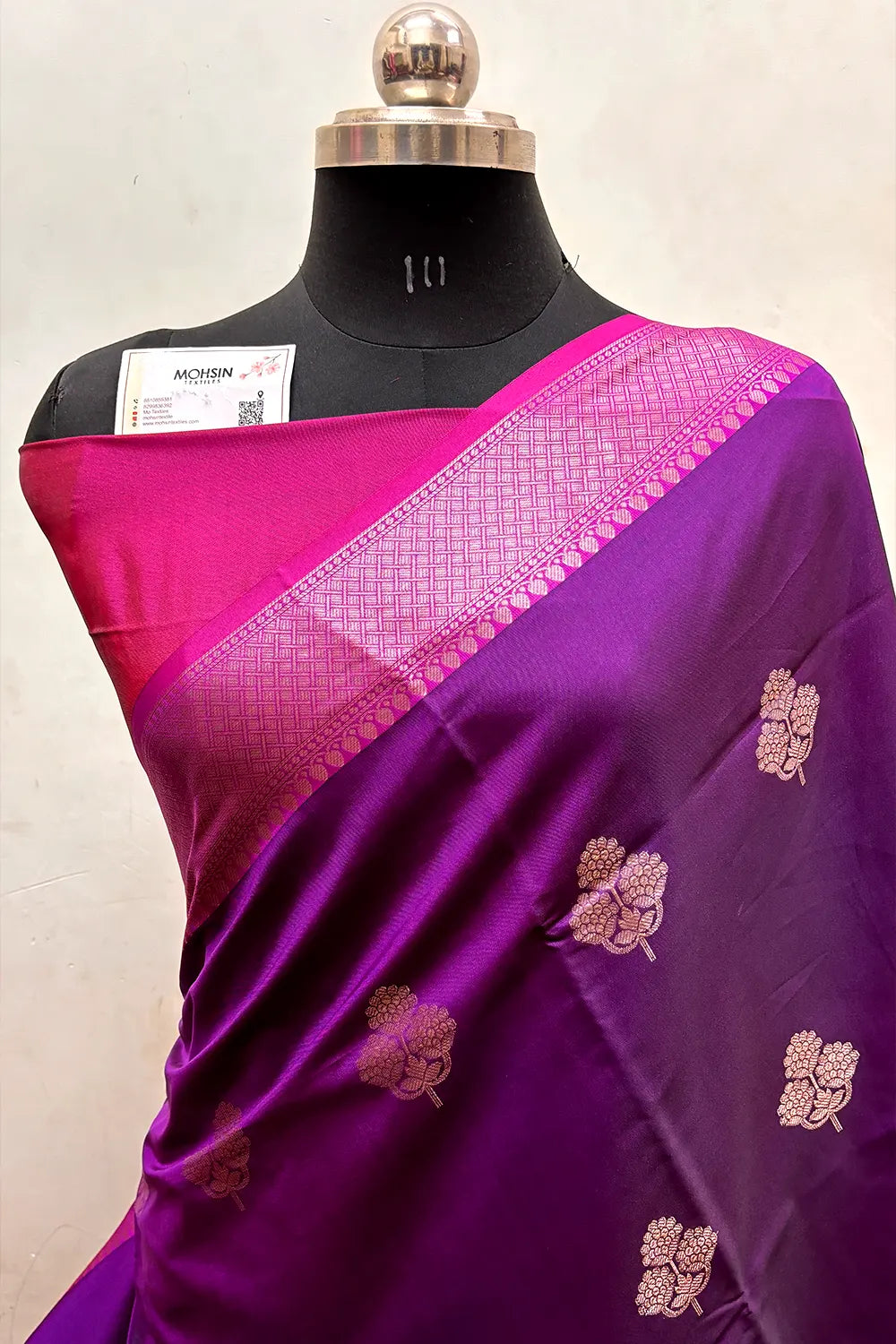 Purple and Pink Zari Semi Katan Silk Banarasi Saree