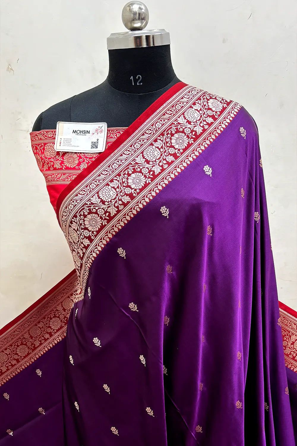Purple and Pinkish Red Lily Buti Katan Mashru Silk Banarasi Saree