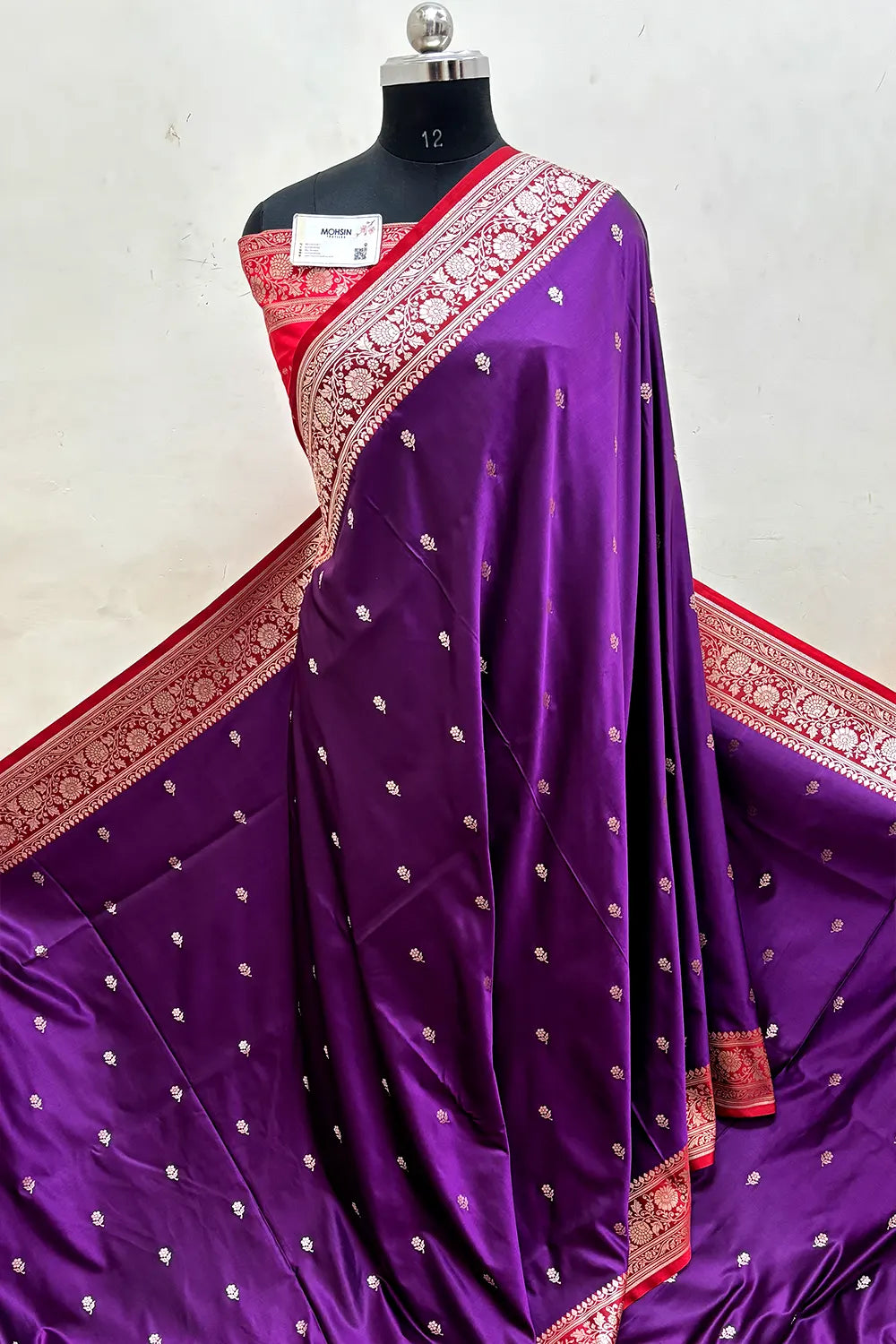Purple and Pinkish Red Lily Buti Katan Mashru Silk Banarasi Saree