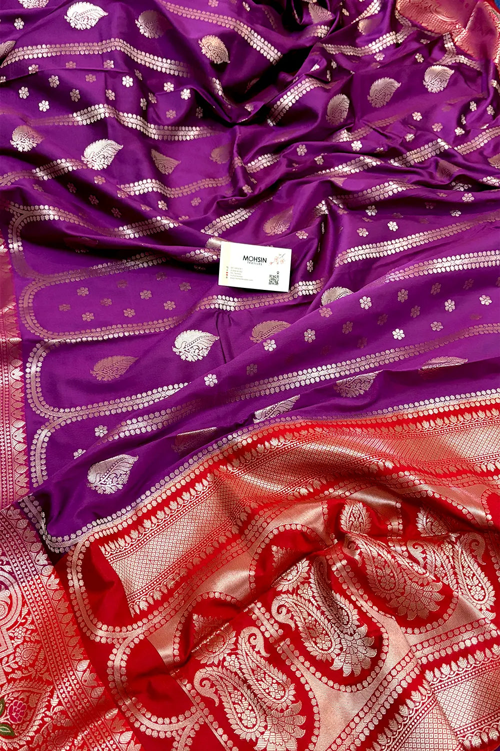 Purple and Red Zari Banarasi Silk Saree