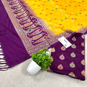 Purple and Yellow Zari Katan Silk Banarasi Suit