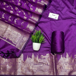 Purple Assi Ghat Plain Semi Katan Silk Banarasi Suit