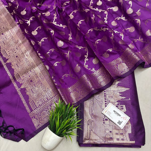 Purple Assi Ghat Plain Semi Katan Silk Banarasi Suit